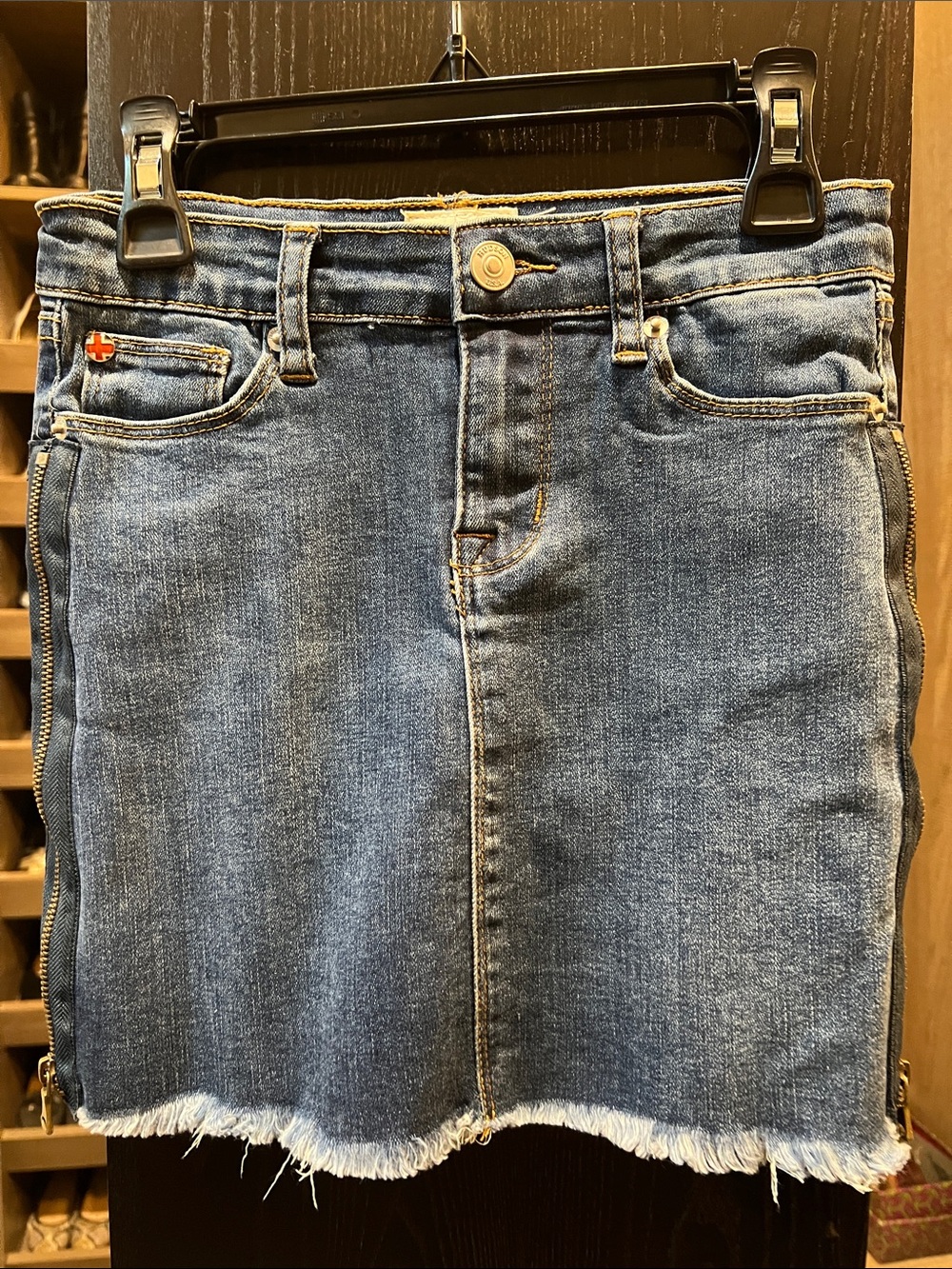 Hudson Girls Blue Mini Jean Skirt with Double Side Zips and Frayed Hem Sz10